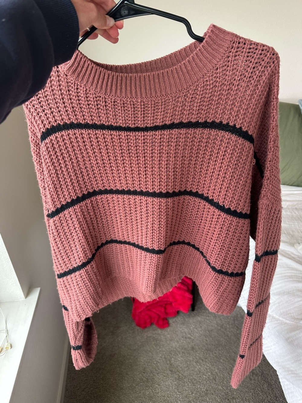 Basic Editions Dusty Rose Crewneck Sweater with Black Stripes